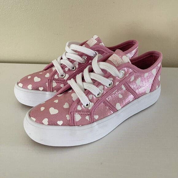 Cynthia Rowley Sneakers Girls Size 1 Kids Shoe Metallic Pink Canvas White Hearts - Picture 2 of 9